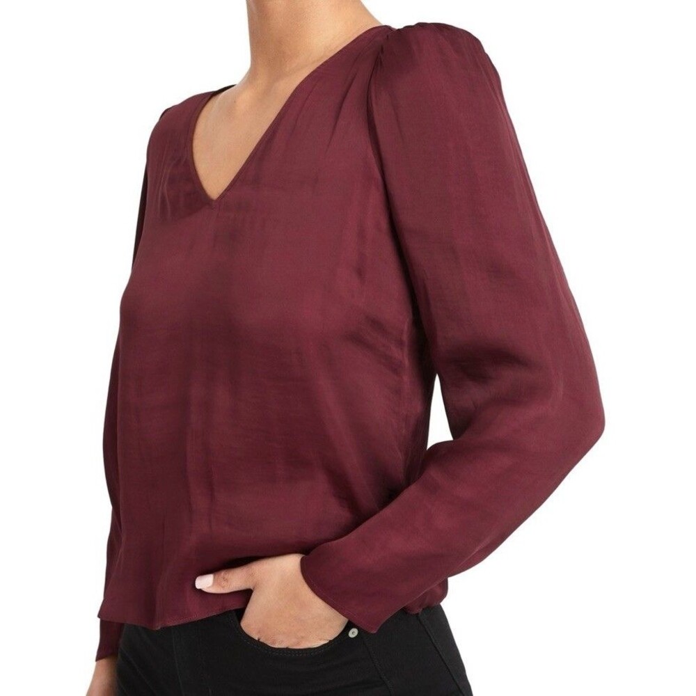 Banana Republic Womens XL Burgundy Satin V-Neck Puff Sleeve Blouse NWT